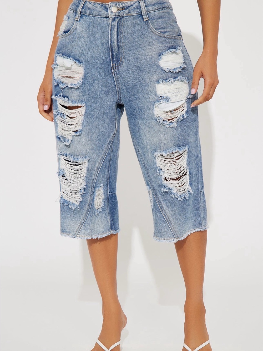 Distressed Light Blue Womens Denim Knee-Length Jeans